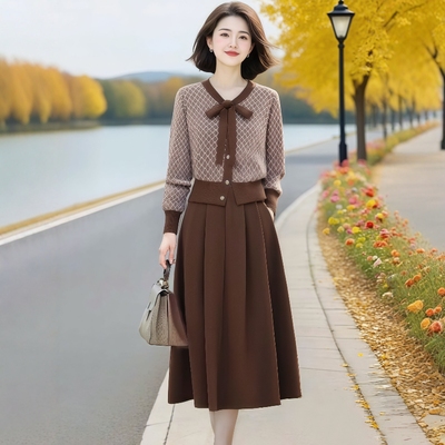 针织拼接套装裙女2025春秋季新款爆款高级感超火穿搭一整套两件套