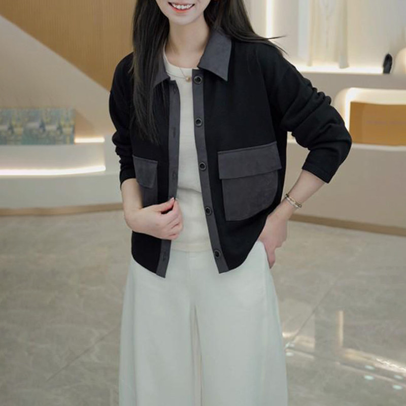 软壳·时尚气质感休闲风显瘦拼贴麂皮绒小POLO开衫潮流外套上衣女