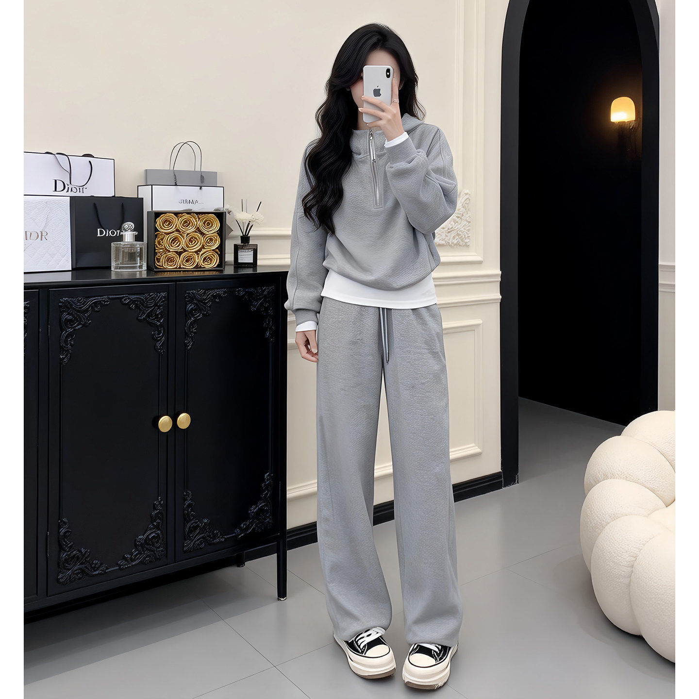 春秋时尚运动套装女短款外套连帽卫衣小个子休闲宽松阔腿裤两件套