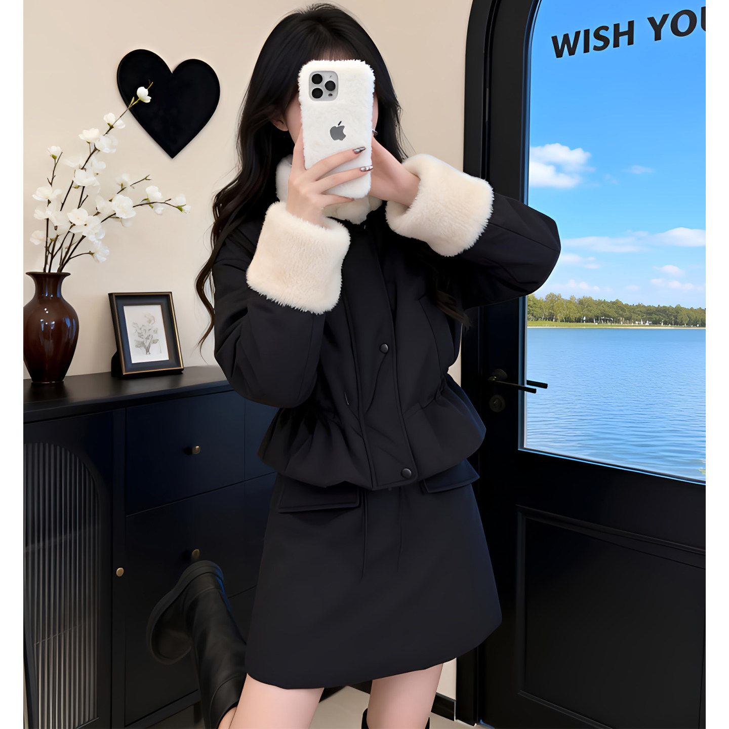 温柔时尚棉服套装女秋冬新款设计感毛领短款收腰外套半身裙两件套