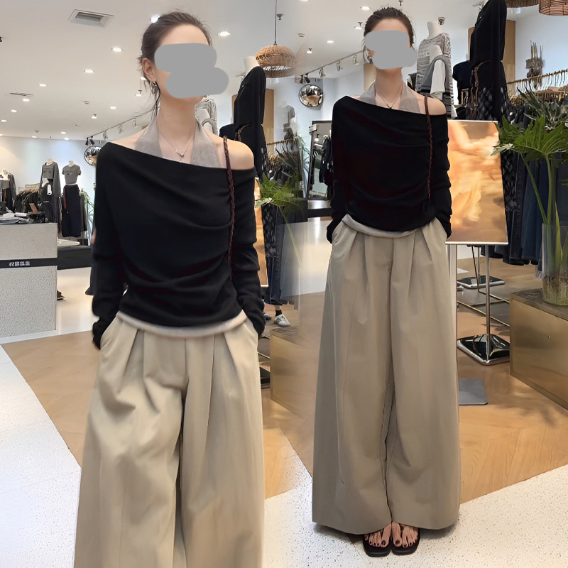 小众设计感假两件长袖T恤高腰休闲长裤女2026春秋新款露慵懒感