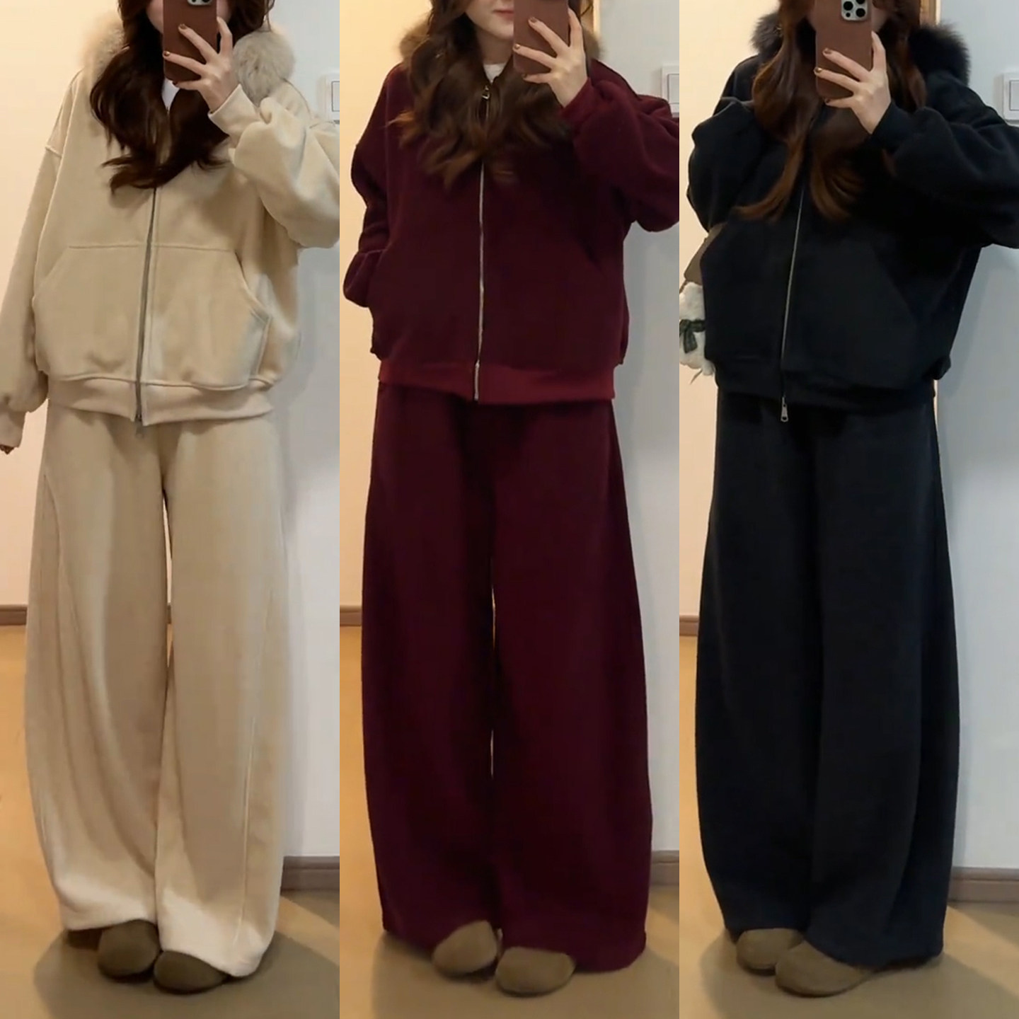 高级感慵懒风毛领连帽卫衣卫裤套装女秋冬加绒加厚休闲运动两件套