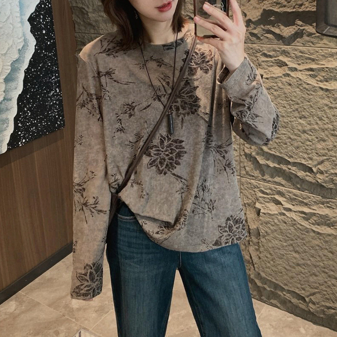秋季穿搭出片漂亮衣服新款女装花影T恤上衣+高级感中长裙两件套装