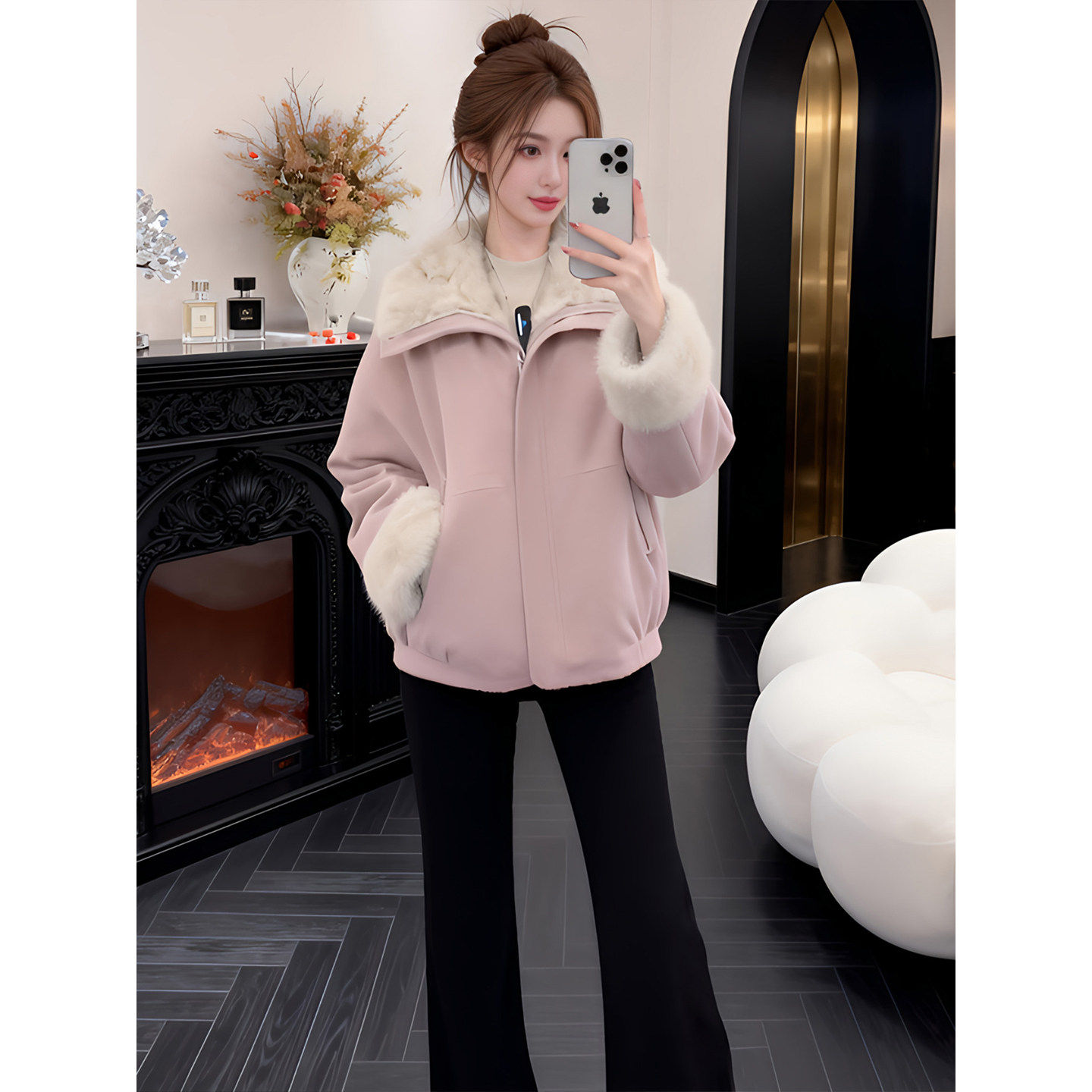 洋气毛毛领简约百搭短外套2026新款女冬加绒加厚小个子慵懒风棉服