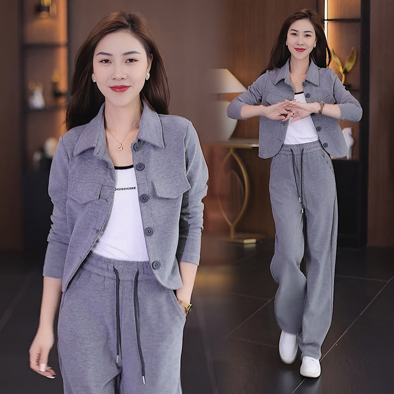 今年流行套装女2026春秋新款洋气质时尚休闲短款上衣阔腿裤两件套