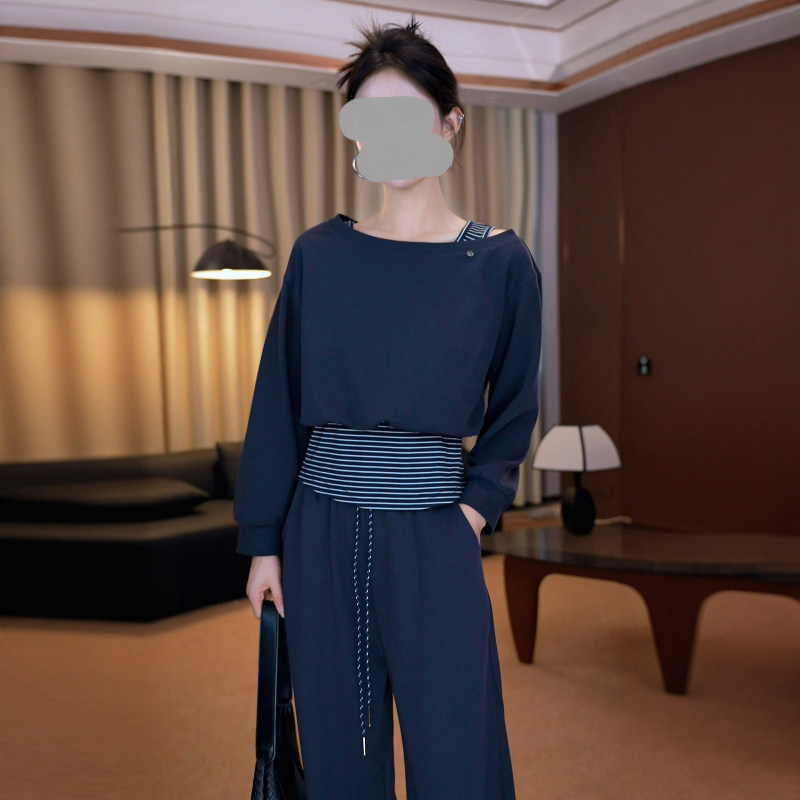 韩系休闲慵懒风条纹假两件露肩卫衣宽松阔腿裤两件套2026春秋新款