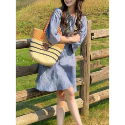 [富婆裙]舒适女极简风慵懒松弛感宽松圆领显瘦休闲通勤短款连衣裙