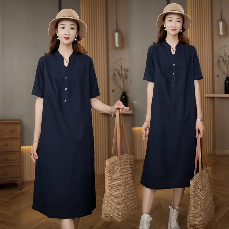 大码时尚气质短袖连衣裙女2026新款韩版休闲百搭宽松直筒中长裙子