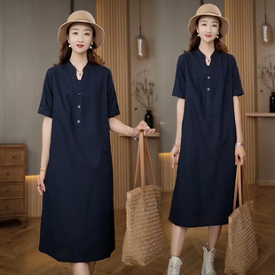 大码时尚气质短袖连衣裙女2026新款韩版休闲百搭宽松直筒中长裙子