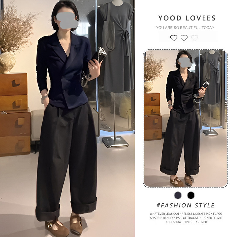 2026春秋新款收腰正肩西装领上衣女设计感小众纯色显瘦直筒裤套装