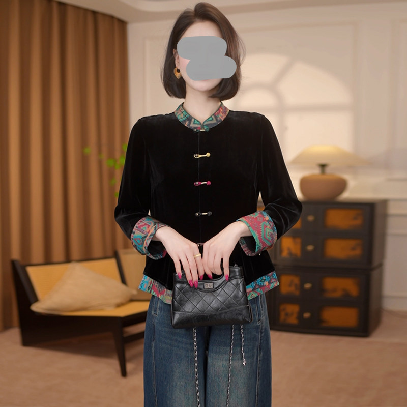 新中式国风女装2025新款复古洋气高端黑色印花阔太太洋气高贵上衣