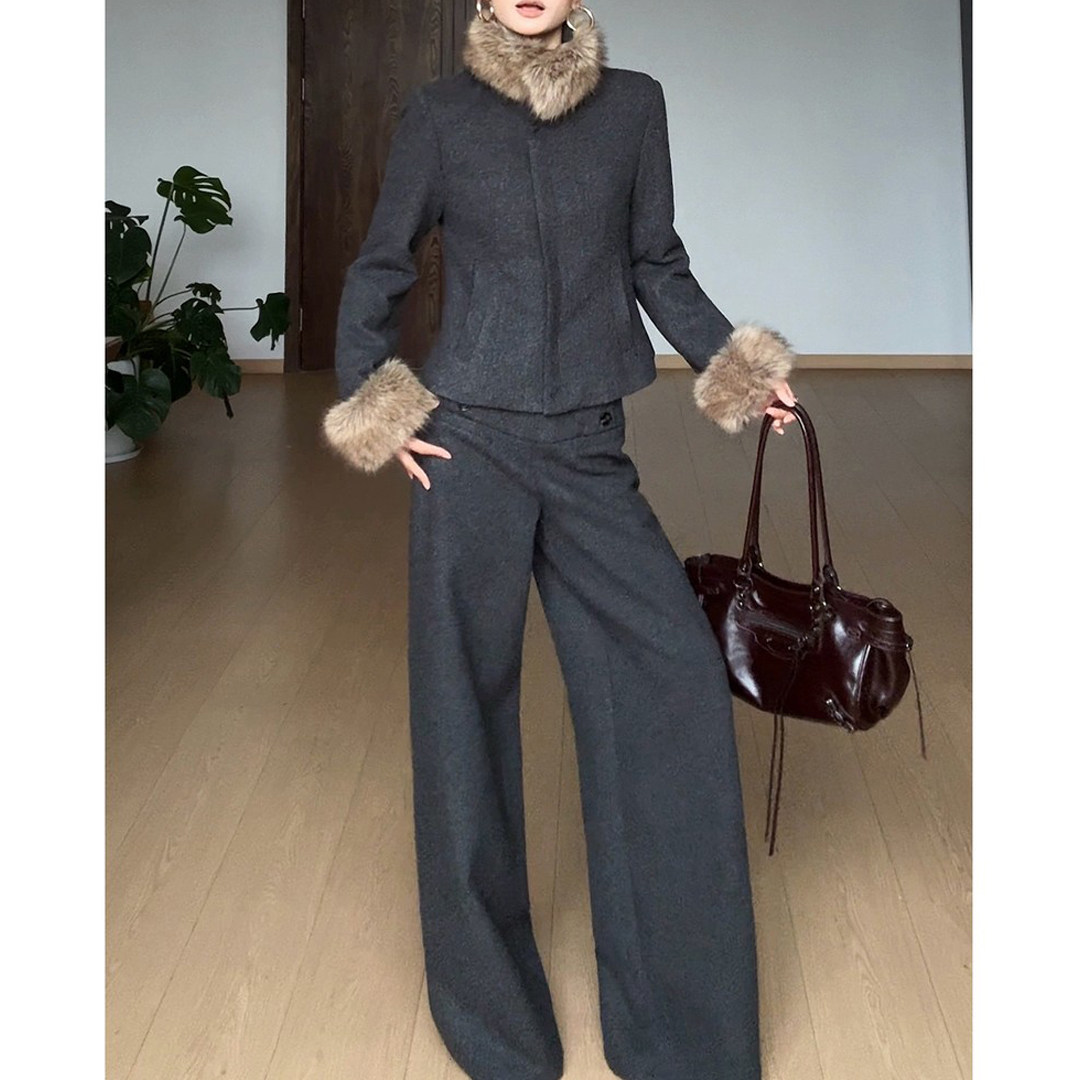 暖调光影 复古风立领毛领毛呢短外套女收腰+直筒长裤洋气女套装