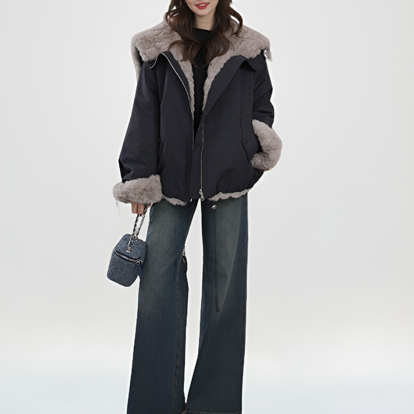 2025冬季新款韩系设计感撞色拼接两面穿时髦翻领连帽毛毛厚外套女,女装/女士精品,短外套,淘宝优惠券,粉丝福利购,淘宝优惠卷