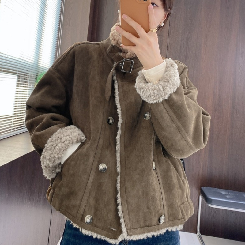 韩系时尚毛毛外套女2025冬季新款立领加绒保暖休闲气质小个子上衣