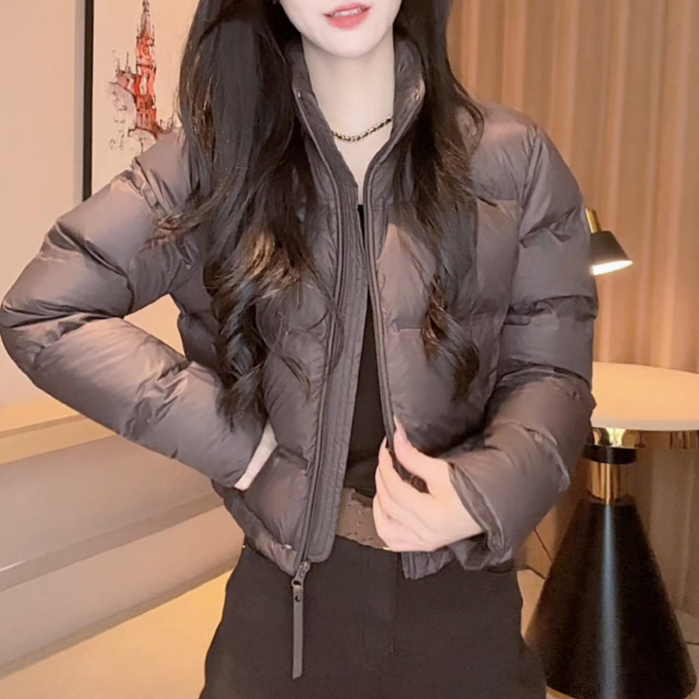 韩系简约百搭黑色立领棉服女2026冬季新款欧货宽松显瘦小个子外套