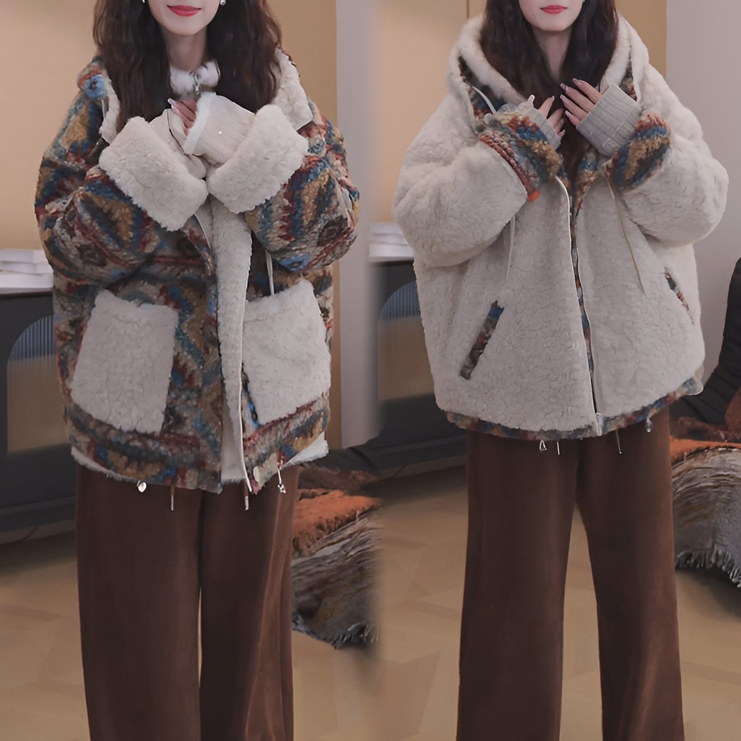 韩版气质复古撞色毛毛外套女装2026冬季新款两面穿爆款加厚棉衣潮