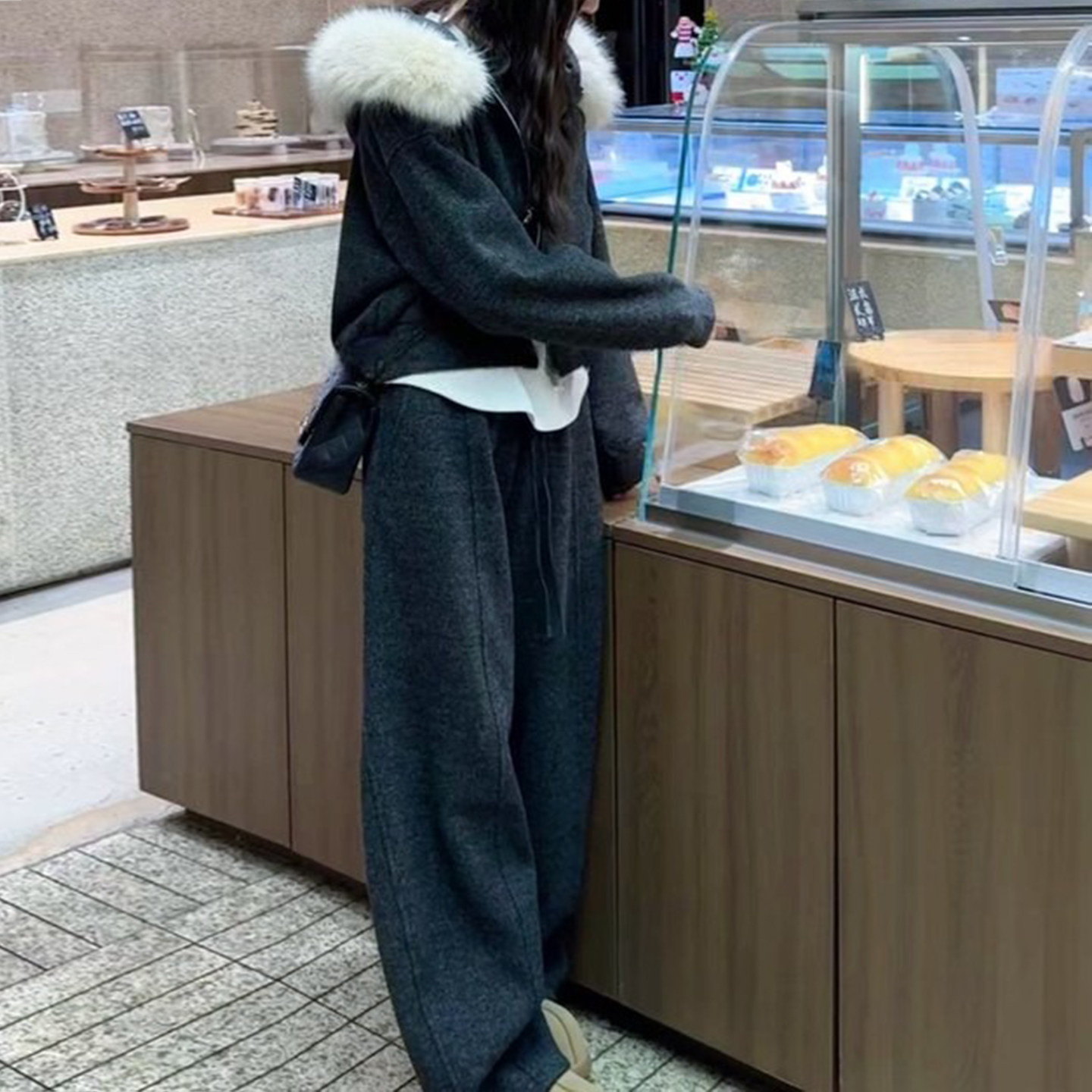 韩系慵懒风毛领连帽卫衣套装女冬季双拉链上衣外套阔腿裤子两件套