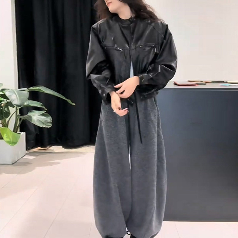 韩系春秋穿搭高级松弛感慵懒风休闲黑色皮衣外套阔腿裤气质套装女