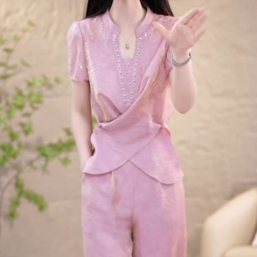 高级琉璃天丝气质时尚休闲俩件套2025夏季新款上衣裤子修身套装女