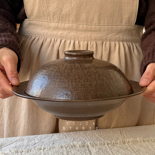 一家小店 听取哇声一片 侘寂风复古粗陶带盖菜盘两件套 面碗深盘