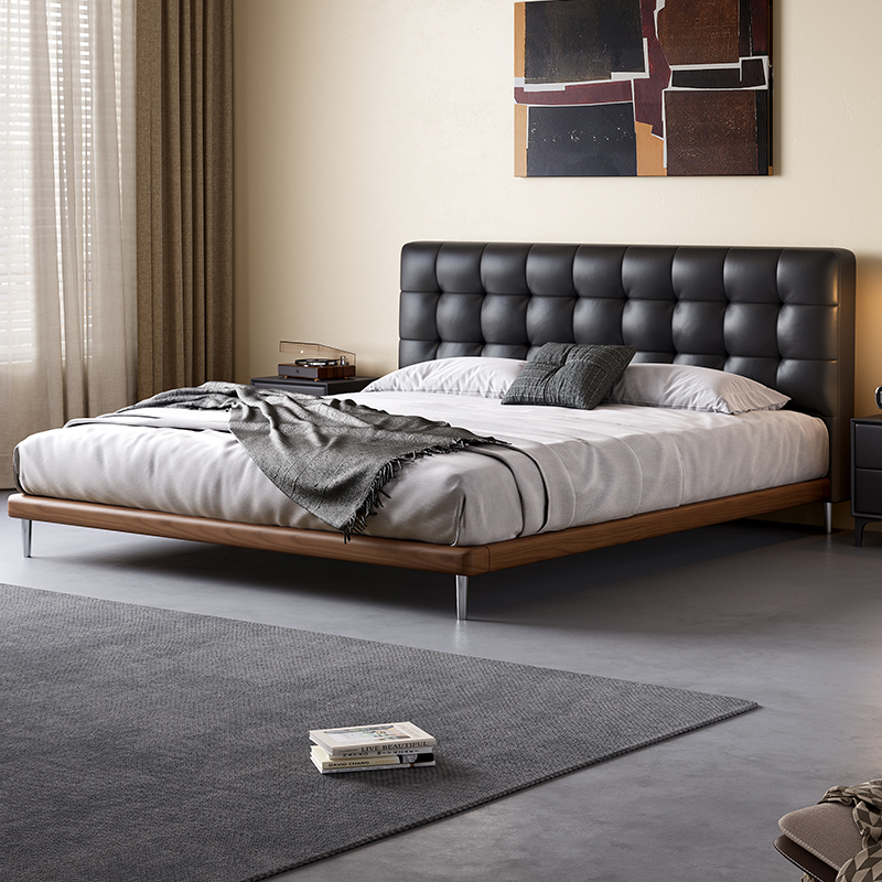 馨佰利真皮床复古主卧悬浮床软包