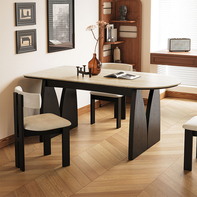 馨佰利洞石岩板餐桌复古椭圆靠墙