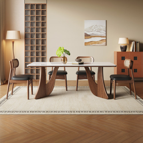 馨佰利岩板实木餐桌中古风吃饭桌