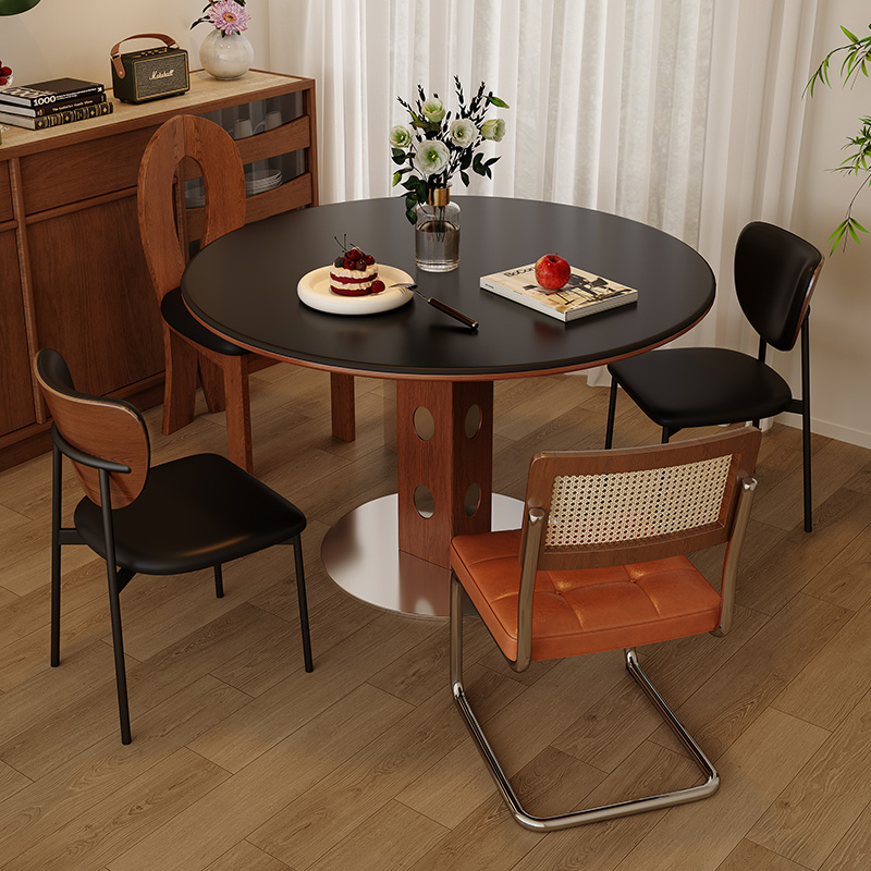 馨佰利岩板实木餐桌中古风圆桌