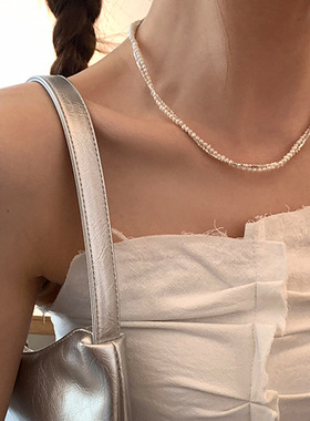 双层碎银珍珠缠绕锁骨链