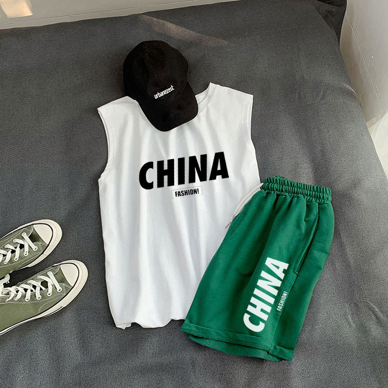 学生运动坎肩衣服休闲China国潮牌无袖背心夏季两件套装男女短裤