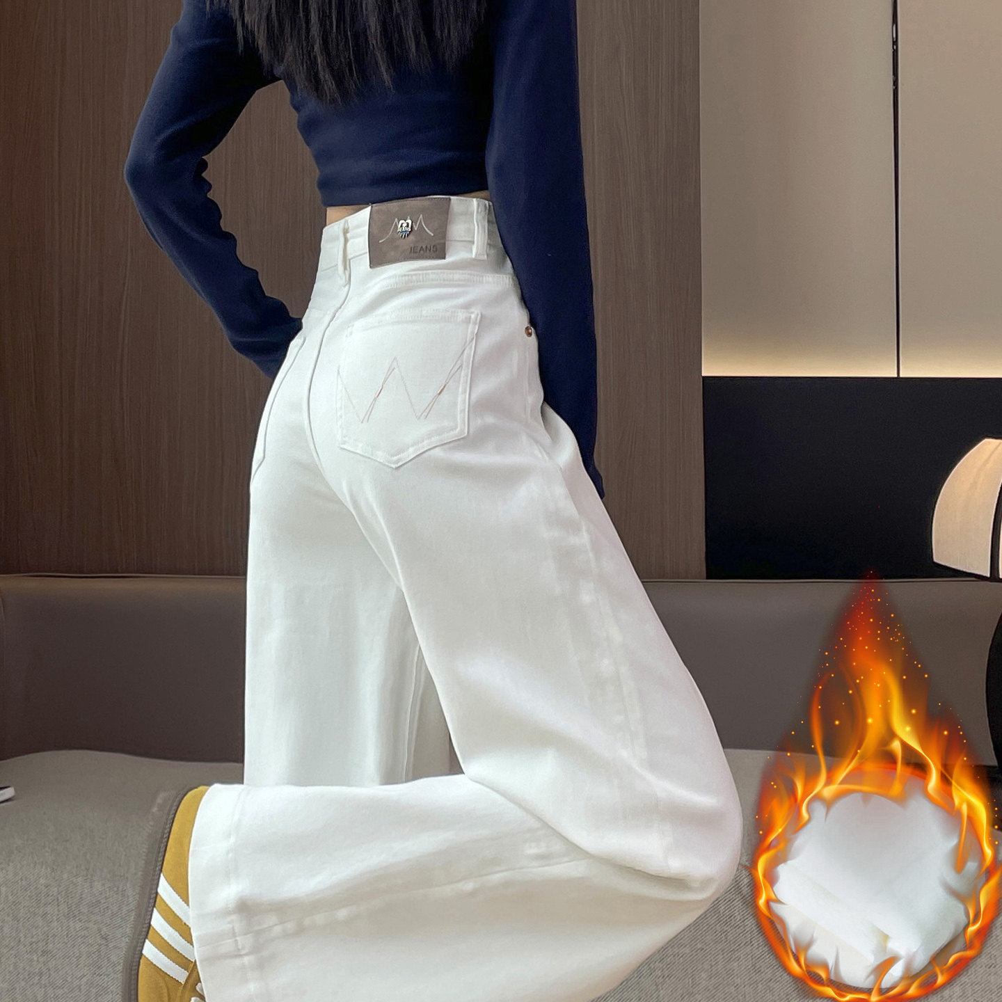 白色加绒阔腿牛仔裤女2025冬季新款高腰宽松直筒显瘦拖地垂感长裤,女装/女士精品,休闲裤,淘宝优惠券,粉丝福利购,淘宝优惠卷