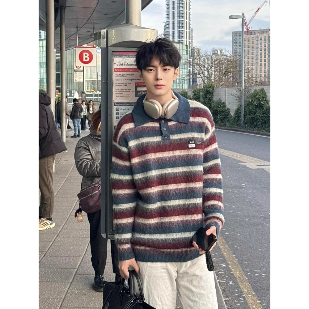 【7】polo领条纹毛衣男女秋冬老钱风新款翻领A079-MY9823-P58，男装针织衫/毛衣，电商A079