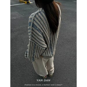 【网116】拼色竖条纹圆领针织衫男女宽松冬季A079-BX038-P45图片