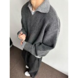 【网106】12假两件v领毛衣男款冬季翻领针织衫上衣A079-5012-P67，男装针织衫/毛衣，电商A079
