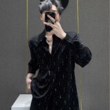 [006]男潮流休闲百搭烫钻宽松衬衫男纯色长袖衬衣A079-CS226-P42，男装衬衫，电商A079