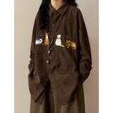 【132】猫咪刺绣长袖衬衫男女宽松休闲衬衣外套A079-CS381-P38，男装衬衫，电商A079