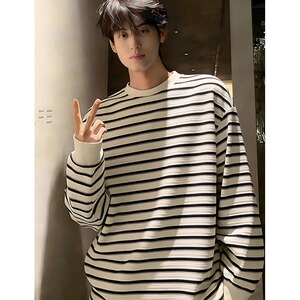 [003]古条纹圆领长袖T恤男女潮牌情侣宽松百搭上衣A079-ET52-P37图片