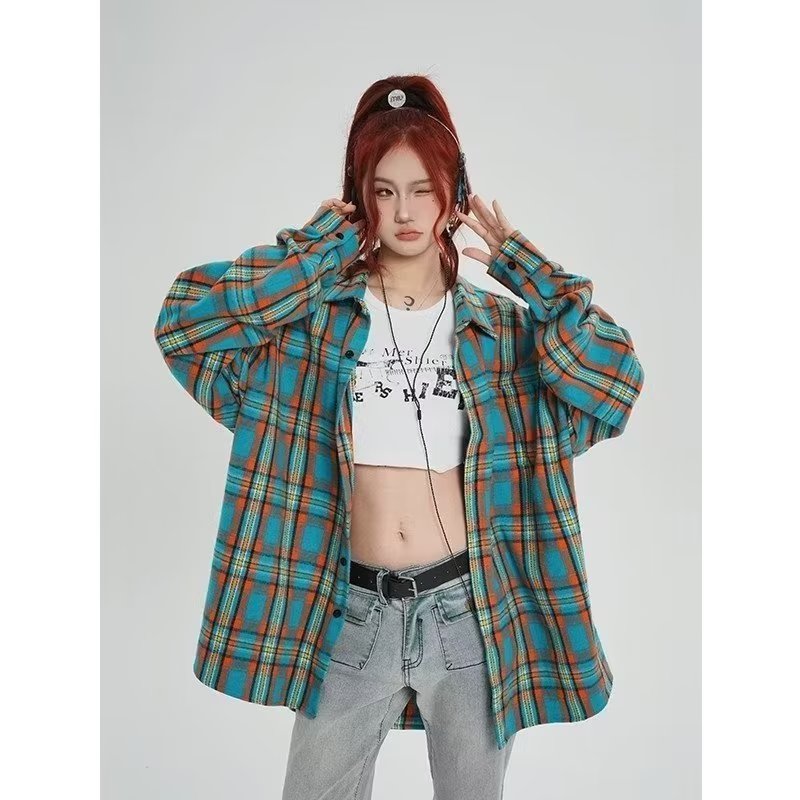 【网59】格纹长袖衬衫宽松休闲情侣衬衣外套A079-C264-P30,男装衬衫,电商A079