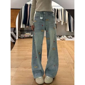 【002】小狗刺绣牛仔裤时尚宽松小众阔腿长裤潮A079-S748常规-P46图片
