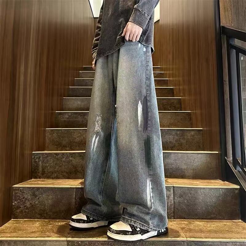 【008】美式高街牛仔裤男涂鸦破洞阔腿长裤A079-N1070-P44,男装牛仔裤,电商A079