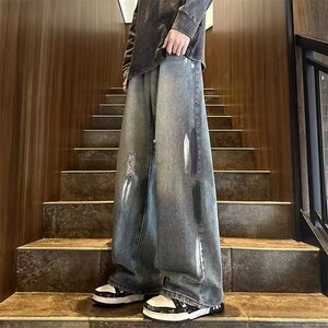 【008】美式高街牛仔裤男涂鸦破洞阔腿长裤A079-N1070-P44图片