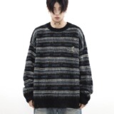 【001】条纹提花圆领毛衣秋冬潮牌新款百搭针织A079-MY35-P47，男装针织衫/毛衣，电商A079