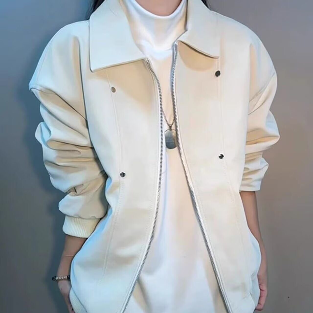 [001]翻领皮衣外套春秋季哈潮流百搭休闲男女款外套A079-259-P75，男装皮衣，电商A079