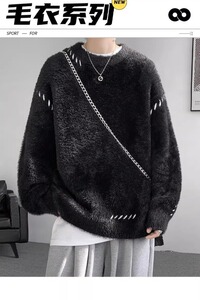 【网2】圆领毛衣男新款上衣宽松男生纯色外套A079-YM191-P55图片