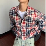 [006]拼色破洞格纹长袖衬衫男休闲宽松衬衣外套A079-C5060-P37，男装衬衫，电商A079