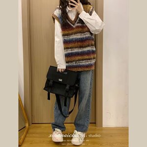 【网59】条纹无袖针织衫马甲男女宽松V领毛衣背心A079-789-P45图片