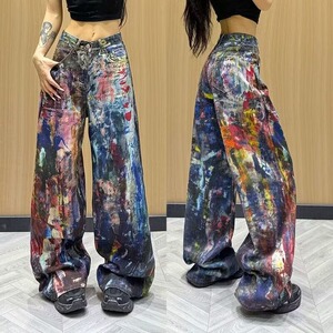 【104】5彩印泼墨牛仔裤女重工彩色宽松阔腿直筒裤A079-M609-P61图片