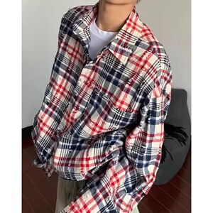 [006]拼色破洞格纹长袖衬衫男休闲宽松衬衣外套A079-C5060-P37图片