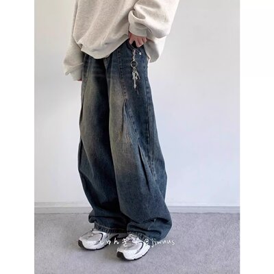 [008]弯刀牛仔裤男女美式解构阔腿宽松直筒休闲长裤A079-3053-P45