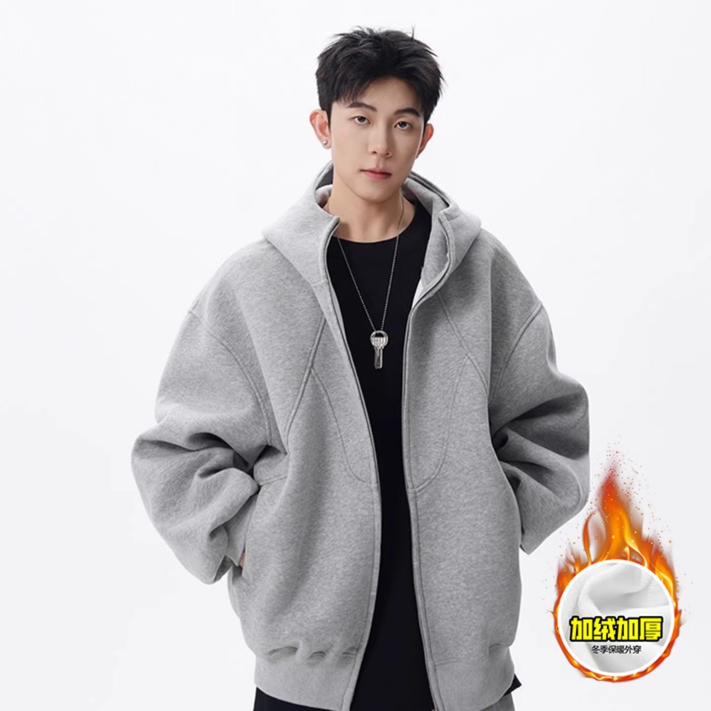 【001】加绒硬挺boxy开衫卫衣男秋冬情侣外套A079-W821-P54，女装短外套，电商A079